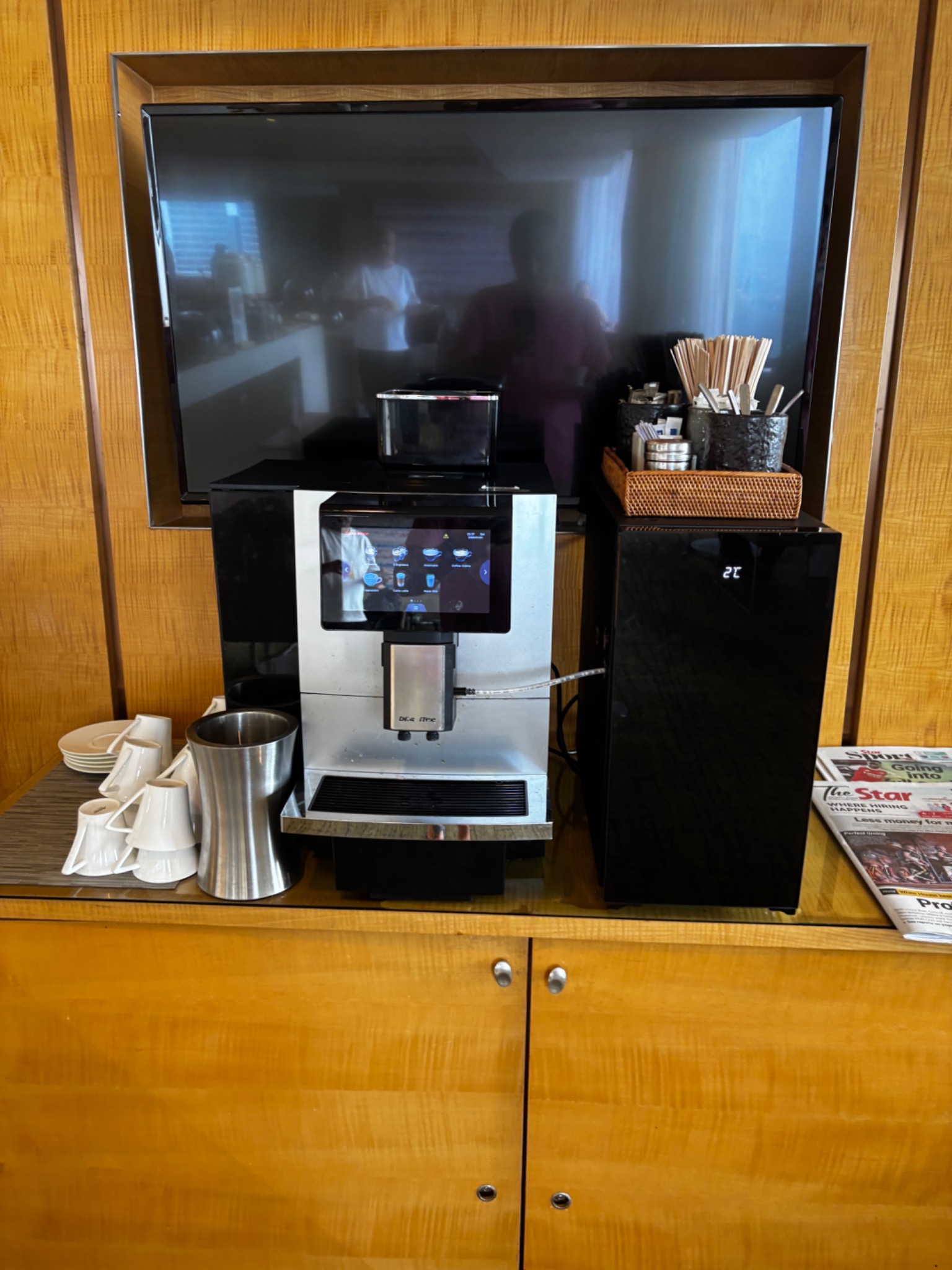Executive lounge coffee station using the television power supply