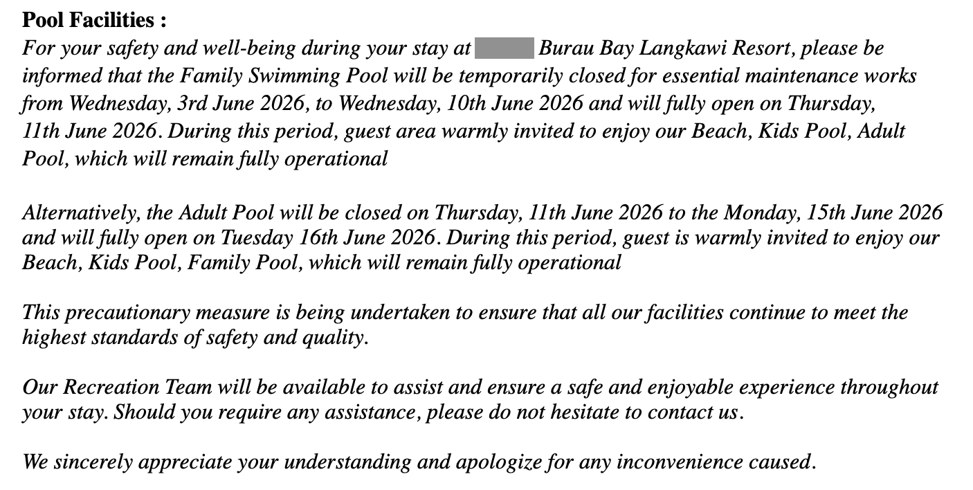 Pre-arrival email advising resort Guests that advertised facilities were closed